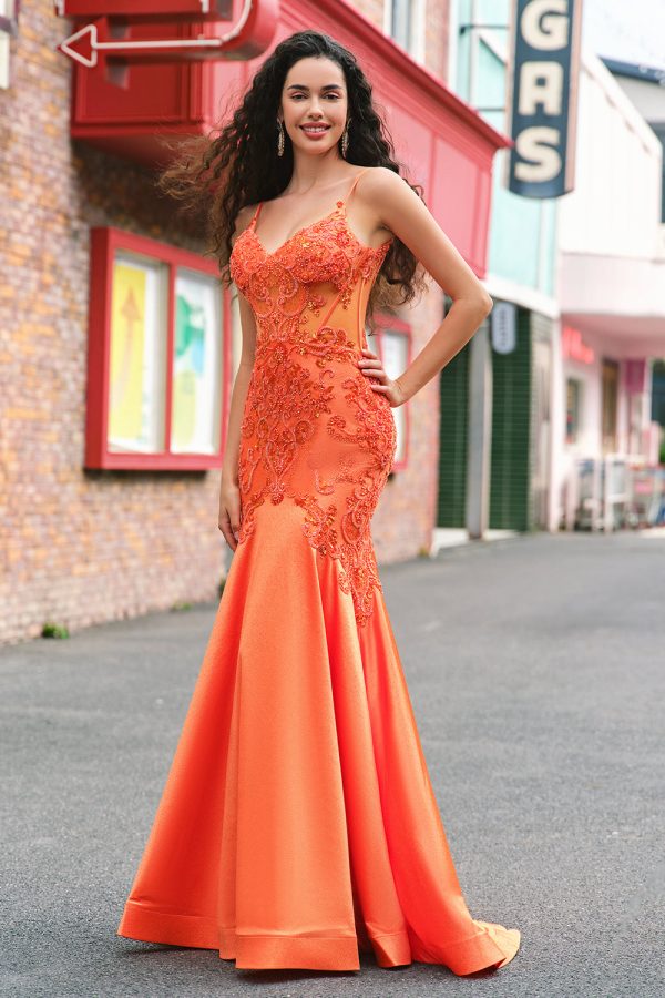 Orange Mermaid Corset Spaghetti Straps Beaded Long Prom Dress Fashion