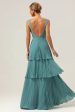 Eucalyptus A-Line Spaghetti Straps Chiffon Pleated Tiered Bridesmaid Dress Fashion