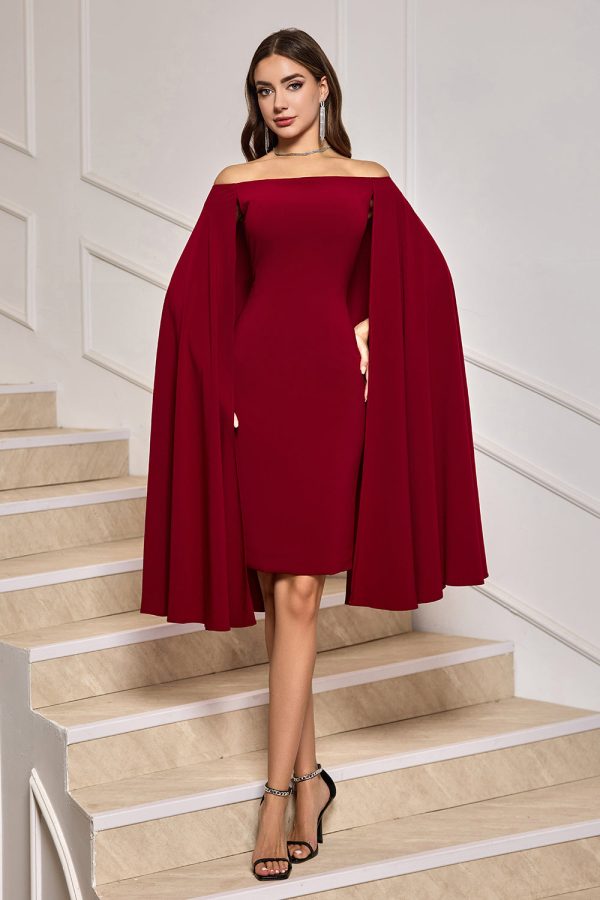 Burgundy Bodycon Off the Shoulder Midi Cocktail Dress With Cape Sleeves Online Hot Sale