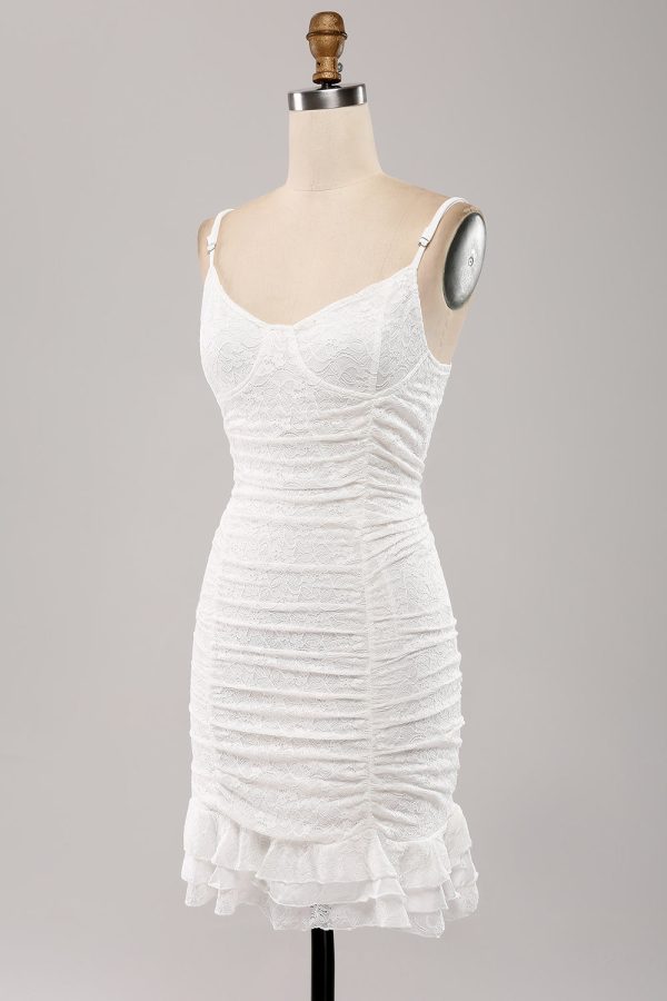 Cute Spaghetti Straps Bodycon Pleated Lace Short White Graduation Dress Online now