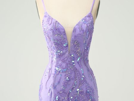 Sparkly Purple Spaghetti Straps Tight Short Homecoming Dress with Sequins For Discount