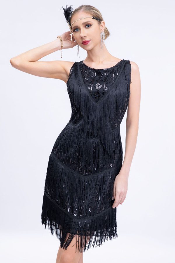 Black Fringed 1920s Gatsby Dress with Sequins For Discount