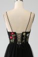 Black A-Line Spaghetti Straps Embroidered Long Corset Prom Dress Online Sale