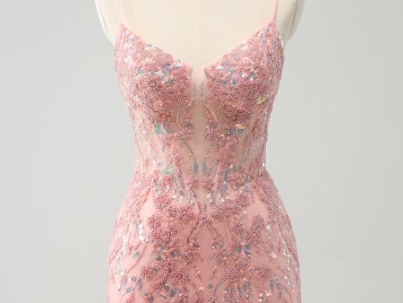 Glitter Blush Spaghetti Straps Tight Short Homecoming Dress with Beading Sale