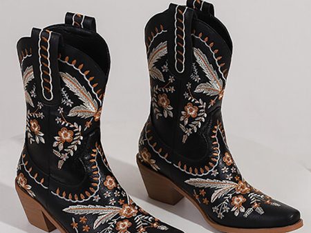 Black Embroidered Chuncky Heel Cowgirl Ankle Boots For Sale