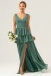 Eucalyptus A Line V Neck Corset Tiered Long Bridesmaid Dress with Slit on Sale