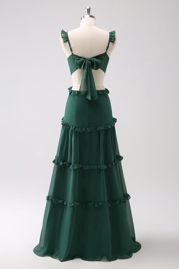 Dark Green A-Line Hollow Out Ruffled Long Bridesmaid Dress Fashion