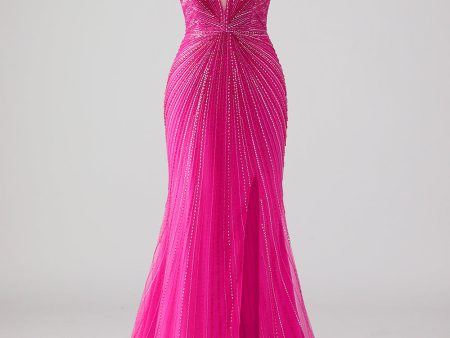 Fuchsia Mermaid Halter Open Back Beaded Long Prom Dress with Slit Online Sale