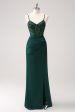 Dark Green Mermaid Spaghetti Straps Satin Long Bridesmaid Dress with Slit Online