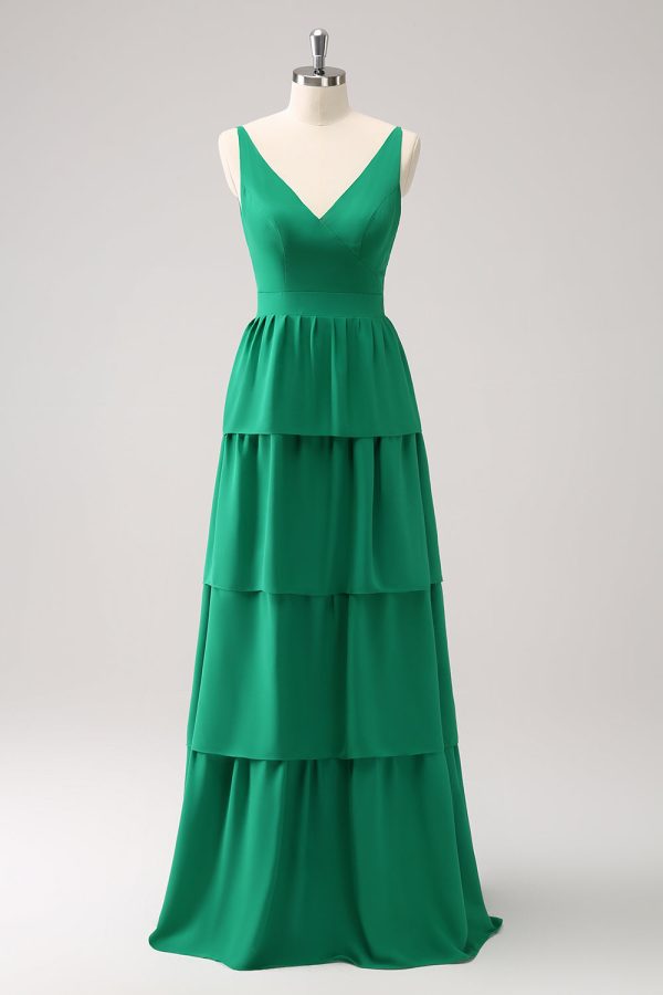 Green A-Line V-Neck Tiered Long Bridesmaid Dress Online now