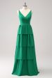 Green A-Line V-Neck Tiered Long Bridesmaid Dress Online now