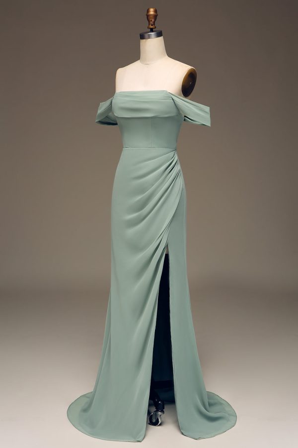 Dusty Sage Off the Shoulder Sheath Chiffon Pleated Long Bridesmaid Dress Fashion