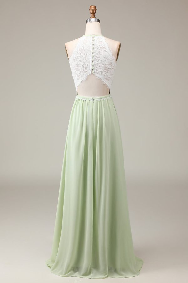 Dusty Sage Halter Neck Lace and Chiffon A-line Floor Length Bridesmaid Dress For Discount