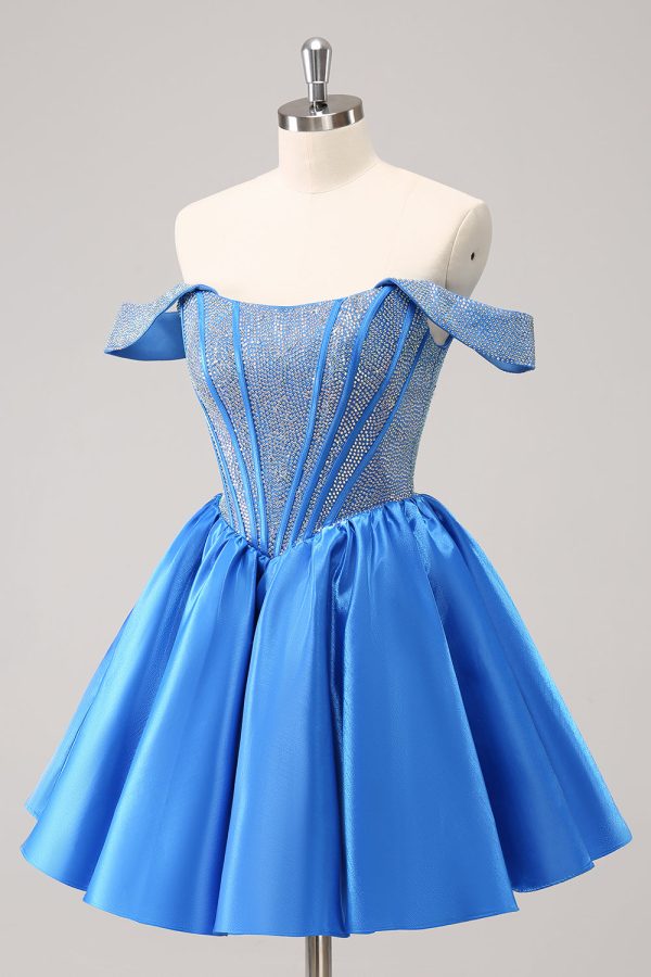 Sparkly Blue A-Line Off the Shoulder Beaded Satin Homecoming Dress Online Hot Sale