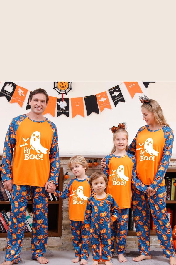 Orange Pumpkin Print Family Halloween Pajamas (Long Sleeves) Discount