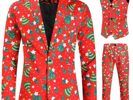 Men s Christmas Printed Red 3-Piece One Button Party Suits Sale