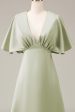 Dusty Sage V-neck Short Sleeves A-line Satin Bridesmaid Dress For Discount