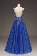 A-Line Sequins Royal Blue Prom Dress with Appliques Cheap