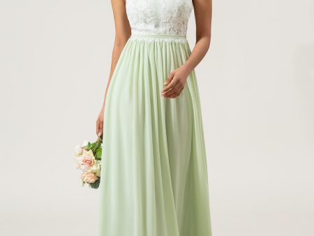 A-Line Halter Neck Dusty Sage Lace and Chiffon Long Bridesmaid Dress For Discount