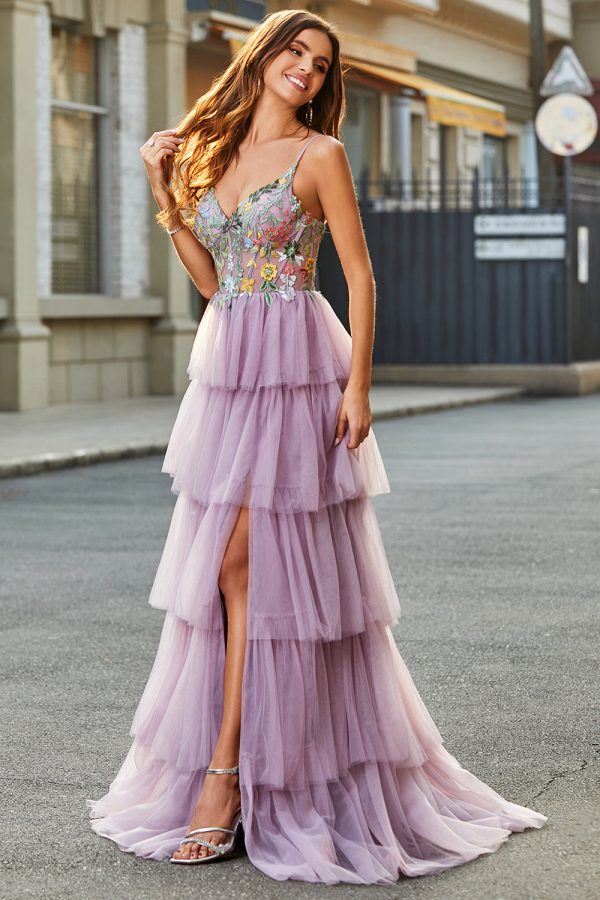 A-Line Tulle Long Corset Tiered Mauve Prom Dress With Appliques Sale