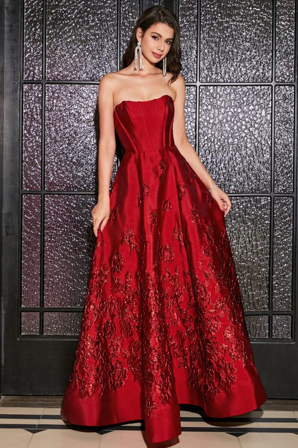 Princess A-Line Strapless Dark Red Corset Long Prom Dress with Accessory Hot on Sale