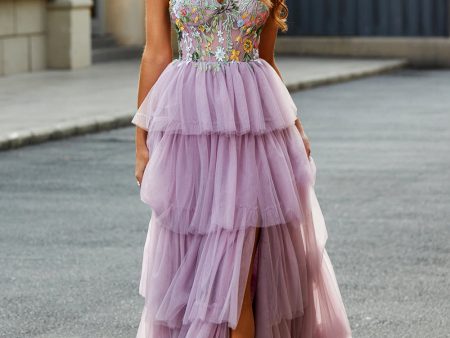 A-Line Tulle Long Corset Tiered Mauve Prom Dress With Appliques Sale