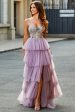 A-Line Tulle Long Corset Tiered Mauve Prom Dress With Appliques Sale