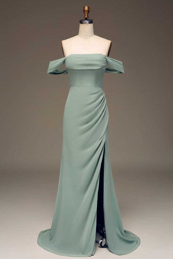 Dusty Sage Off the Shoulder Sheath Chiffon Pleated Long Bridesmaid Dress Fashion