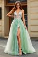 A-Line V Neck Floor-Length Beaded Tulle Light Green Prom Dress with Slit For Cheap