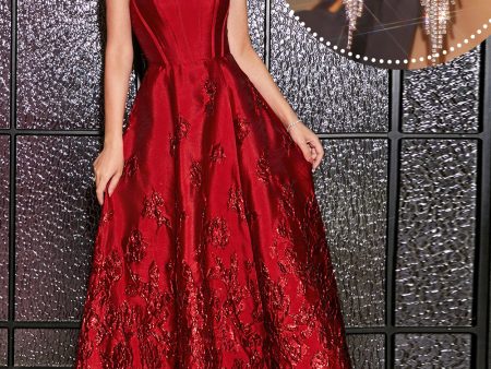 Princess A-Line Strapless Dark Red Corset Long Prom Dress with Accessory Hot on Sale