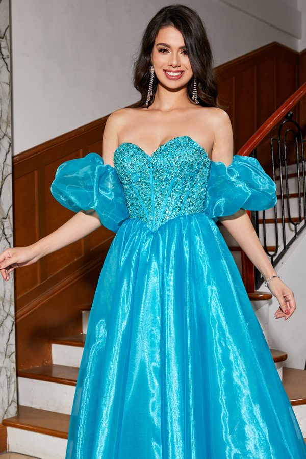 Blue A-Line Off The Shoulder Corset Beaded Prom Dress with Accessory Online now