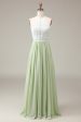 Dusty Sage Halter Neck Lace and Chiffon A-line Floor Length Bridesmaid Dress For Discount