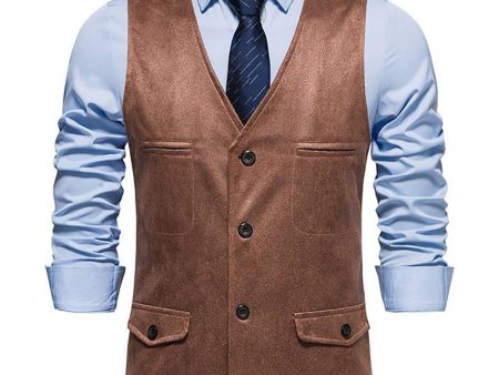 Brown V-Neck Suede Single-Breasted Men s Casual Vest Sale