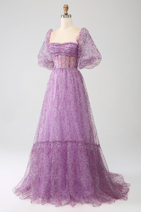 A-Line Square Neck Purple Corset Prom Dress with Half Sleeves Online