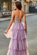 A-Line Tulle Long Corset Tiered Mauve Prom Dress With Appliques Sale