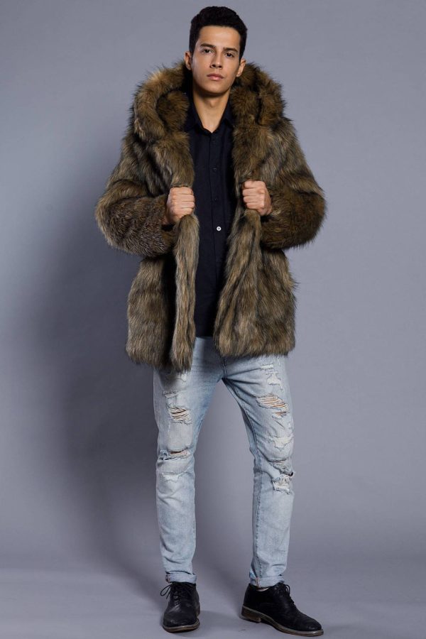 Brown Open Front Lapel Neck Long Faux Fur Men Coat For Discount