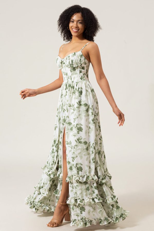 A-Line Spaghetti Straps Green Printed Long Prom Dress With Slit For Sale