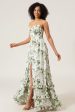 A-Line Spaghetti Straps Green Printed Long Prom Dress With Slit For Sale