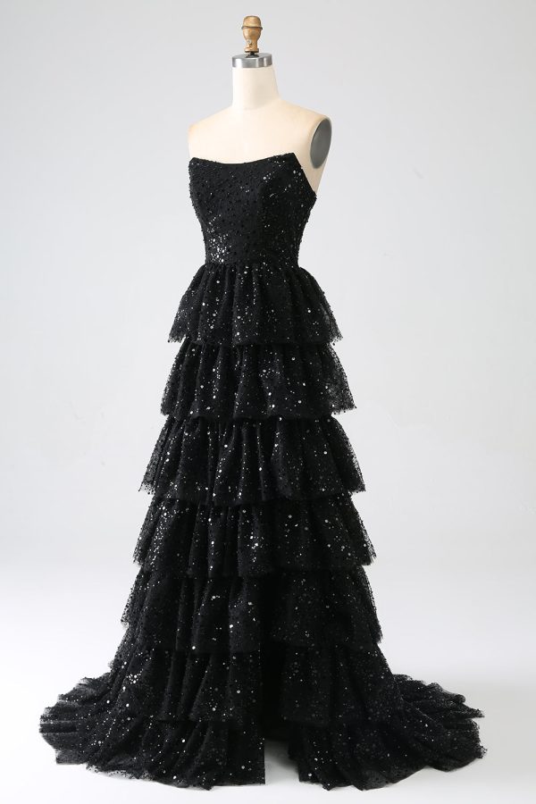 A-Line Sequins Black Tiered Prom Dress with Slit Online