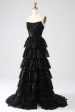 A-Line Sequins Black Tiered Prom Dress with Slit Online