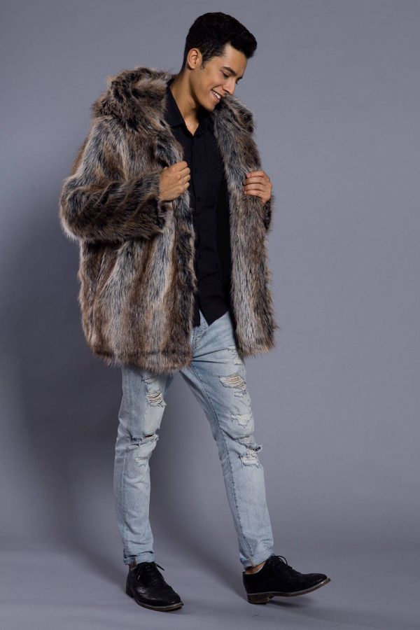 Brown Open Front Lapel Neck Long Faux Fur Men Coat For Discount