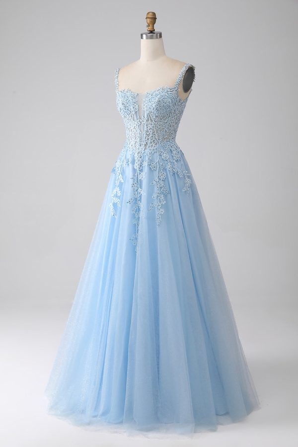 A-Line Light Blue Corset Prom Dress with Appliques Hot on Sale