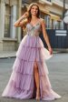 A-Line Tulle Long Corset Tiered Mauve Prom Dress With Appliques Sale