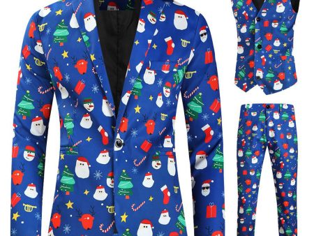 Men s Blue Christmas Printed 3-Piece One Button Party Suits For Sale