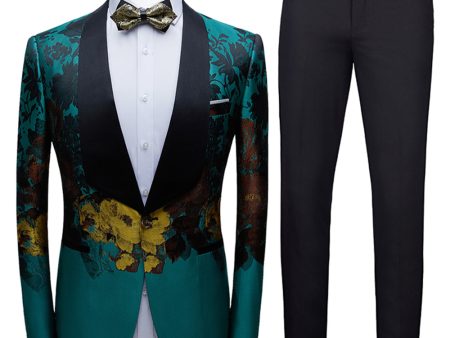 Peacock Green 2 Pieces Jacquard Shawl Lapel Men s Suits Fashion