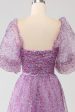 A-Line Square Neck Purple Corset Prom Dress with Half Sleeves Online