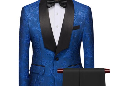 Royal Blue Shawl Lapel Jacquard 2 Pieces Men Suits Fashion