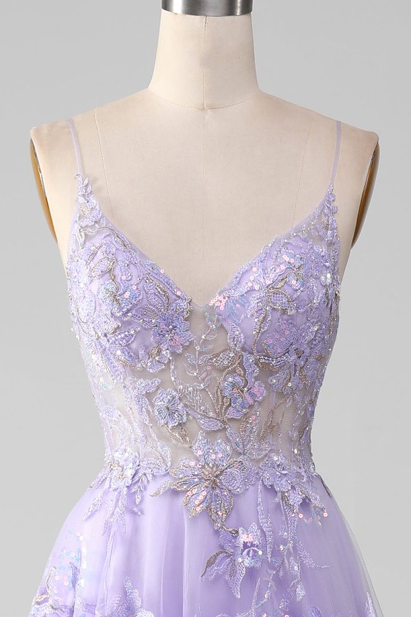 A-Line Sequins Purple Prom Dress with Embroidery Supply