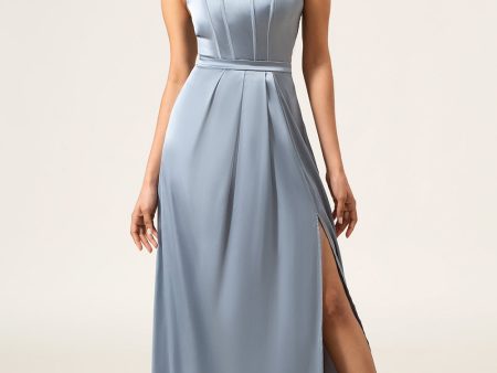 A-Line Spaghetti Straps Dusty Blue Satin Long Bridesmaid Dress For Cheap