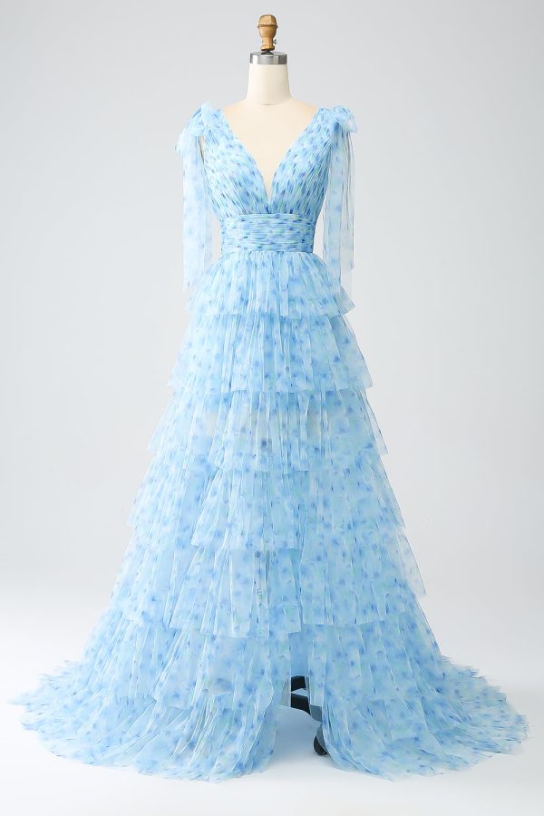 A-Line V-Neck Light Blue Tiered Prom Dress Online Sale